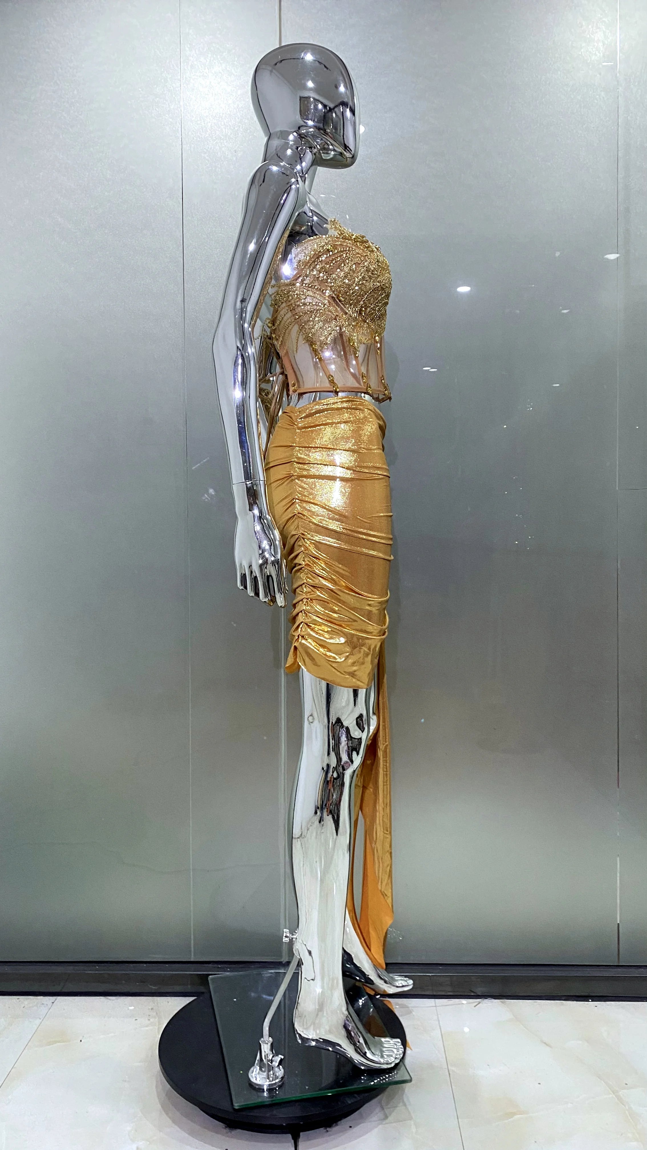 Golden Sparkling Diamonds Sexy See Through STrapless Top And Mini Skirt 2 Pieces Woman Set Party Vestido Performances Costume