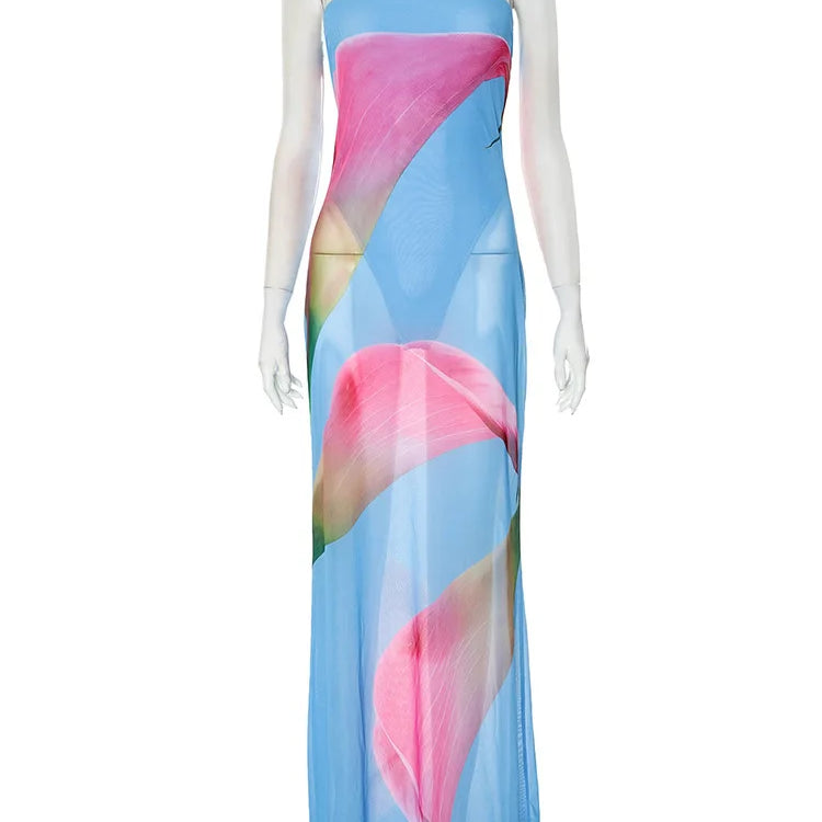 Floral Print Strapless Sexy Maxi Dress For Women Gown Patchwork Off-shoulder Backless Sleeveless Print Long Dress