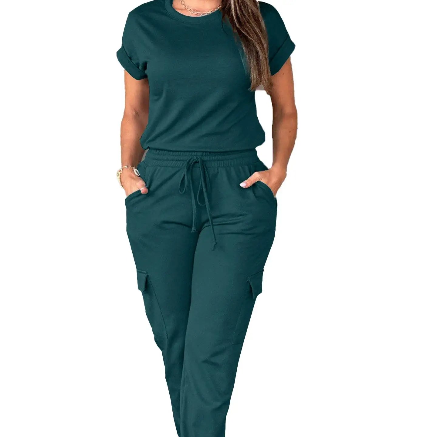 spring and summer new solid color overalls urban jogger sports suit peacock blue