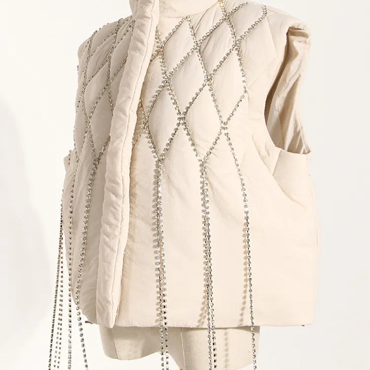 Fashion Women's Waistcoat Loose Stand Collar Single Breasted Sleeveless Plaid Diamonds Tassel Vest Winter