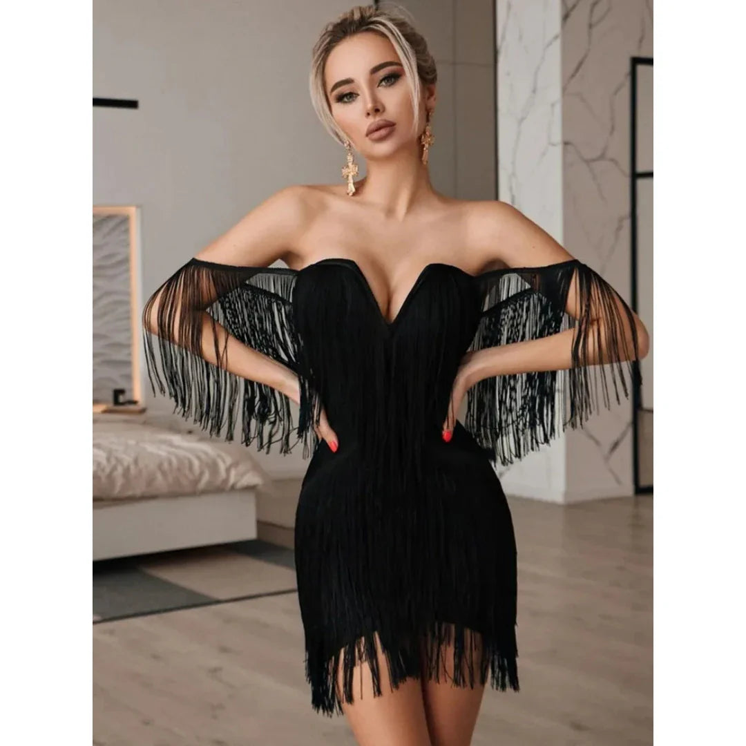 Summer Women Sexy Off Shoulder Tassel Black White Mini Bodycon Bandage Prom Dress Elegant Evening Club Cocktail Party Dress