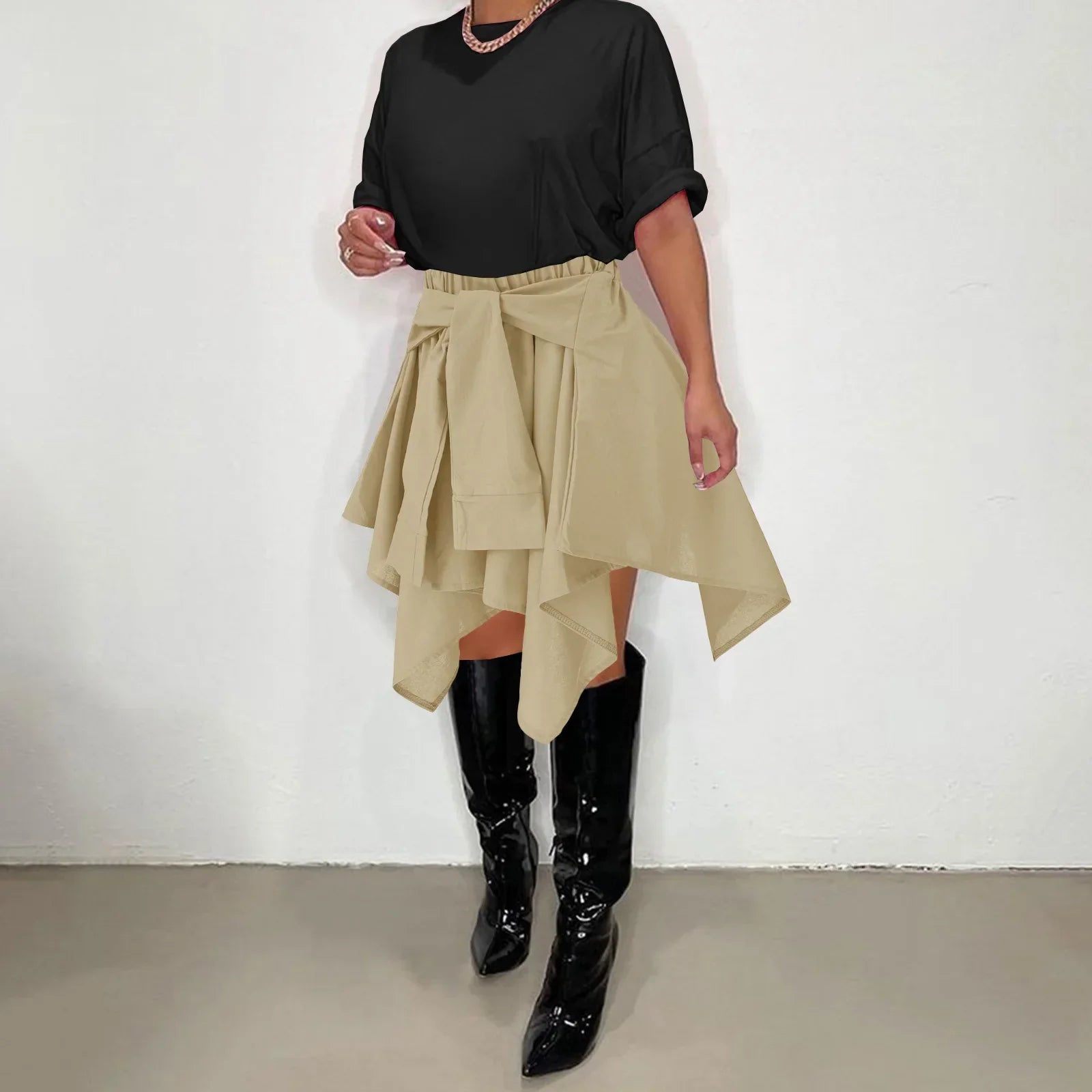 CM.YAYA Women Plaid Irregular High Waist Knee Length Skirts 2022 Summer Holiday Streetwear Sleeve Wrapped Lace Up Waist Skirt Khaki Solid