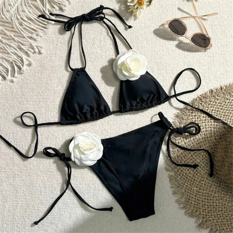 Sexy Flower Bandeau Swimwear Thong Bikini Women Lace-up Swimsuits Swimming Bathing Suit Brazilian Bikinis Set Mujer Biquini black halter