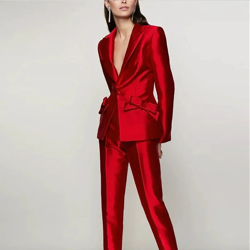 Women Casual Long Sleeve Suit And Pencil Pants Suits Solid Fashion Bright Fabric Sets Office Lady Elegant Bowknot Blazer Outfits 02 Red