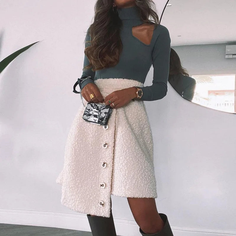 Cute Teddy Bear Fleece A-Line Skirts Women Autumn Single-breasted Irregular Short Dress Winter Solid Cashmere Warm Female Skirts