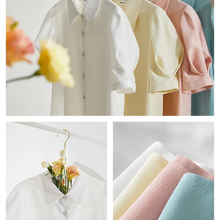 French Court Style Women Shirts Puff-sleeved Short Sleeve Elegant Vintage Casual Female Blouses Tops