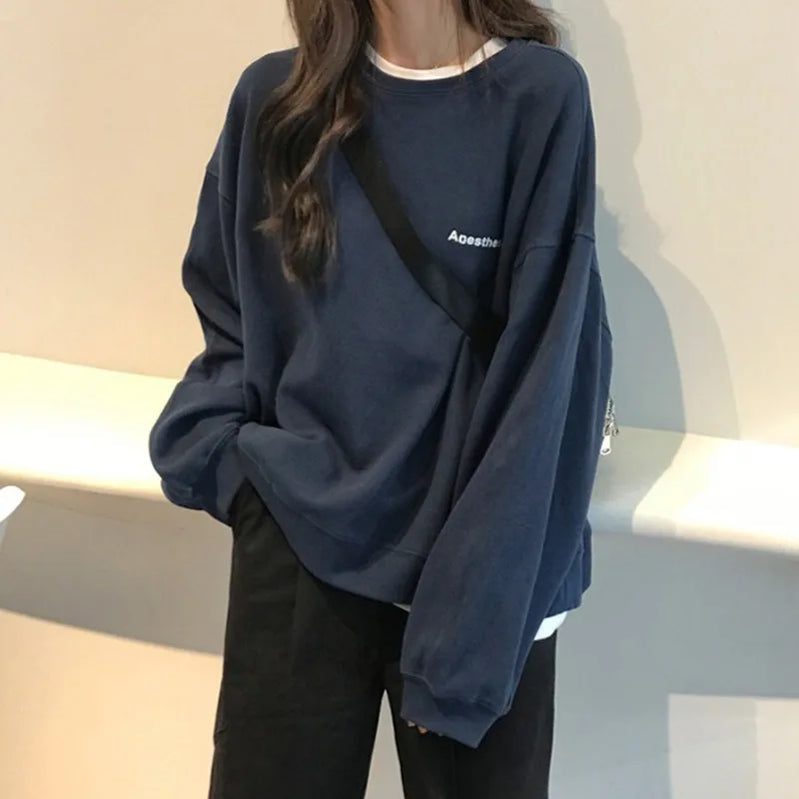 Autumn/Winter Korean Version New Academy Style Minimalist Letter Harajuku Long Sleeve Round Neck Hatless Sweater
