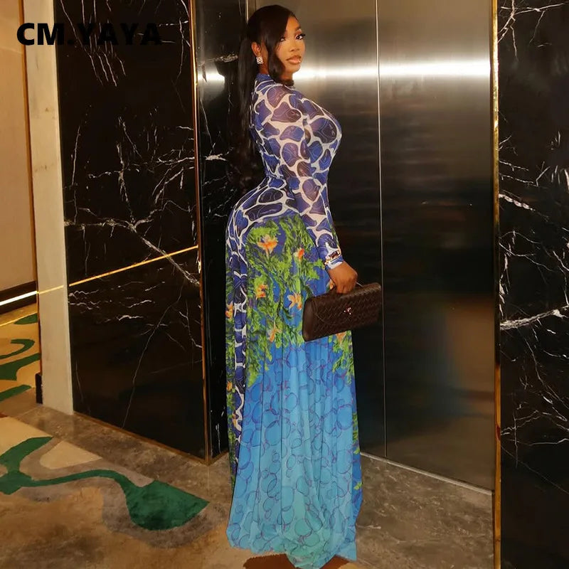 CM.YAYA Women 3D Printed O-neck A-line Mesh Long Sleeve Maxi Long Dress 2025 Summer Fashion Birthday Vacation Sexy Party Dresses