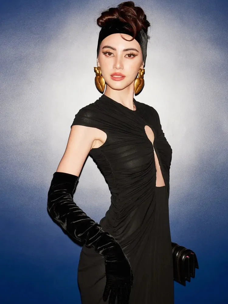 Fashion Women Sexy Short Sleeve Black Mesh Ruched Maxi Long Bodycon Dress 2025 Elegant Evening Club Party Dress