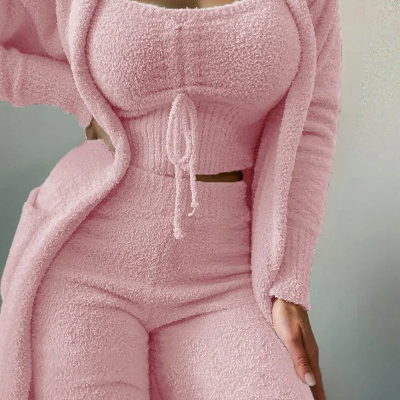 CM.YAYA 3-Piece Women Sets Plush Velvet Pajama Sleepwear Tank Tops + Pants + Cardigan Coat Tracksuit Loungewear Causal Outfits Pink 2