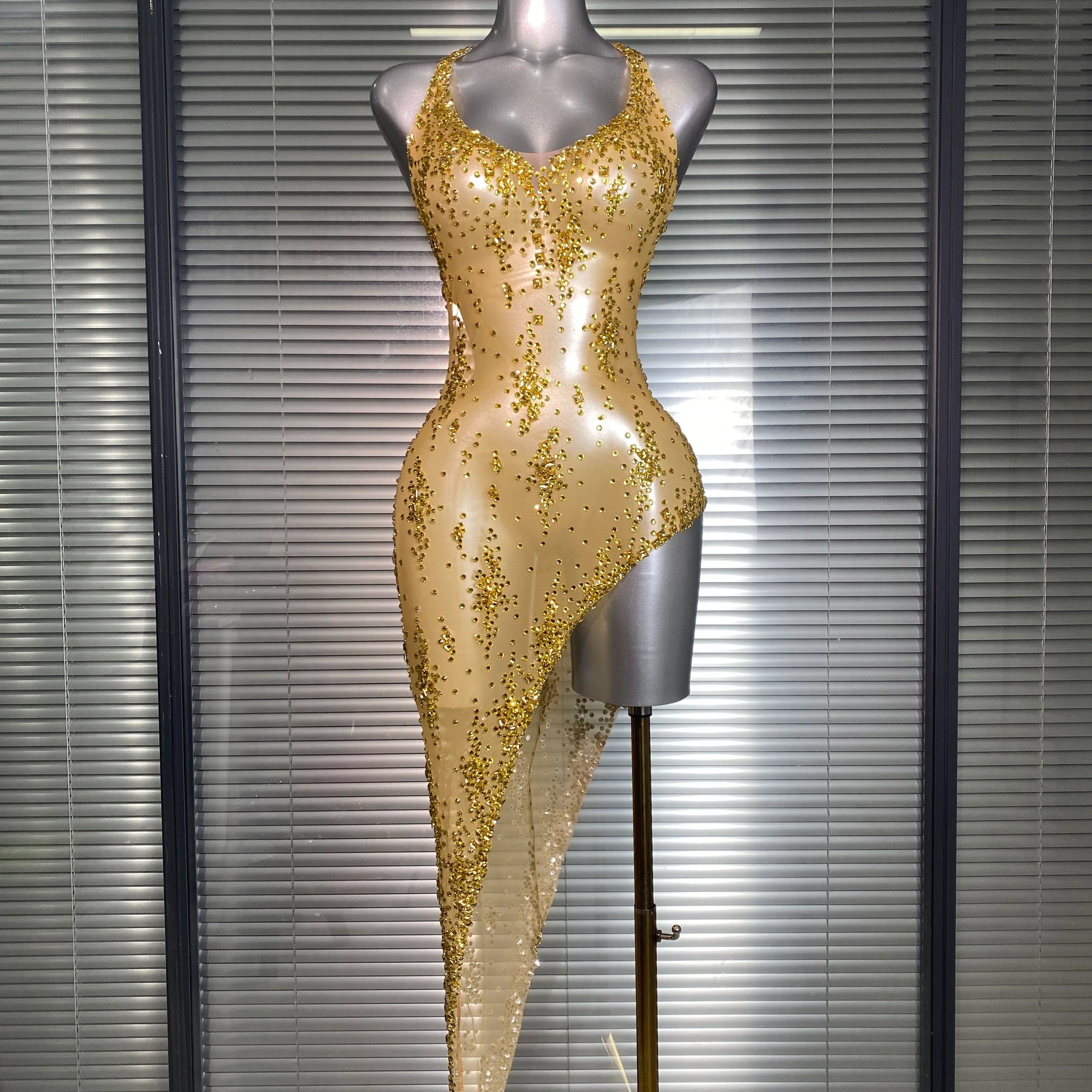 Women Sexy Mesh Crystal Diamonds Stretched Gold Shining Performance Costume Stage Dancer See Through Night Club Party Dress