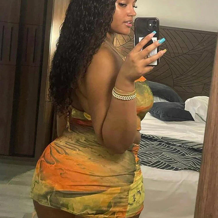 Kricesseen Tropical Halter Neck Mesh Print Ruffles Mini Dress Women Summer Backless O-Rings Cut-Out Night Dress Vacation Outfit