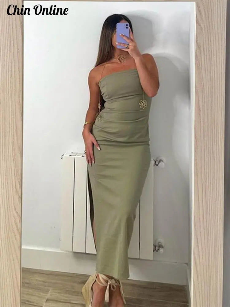 Fashion Dress Summer Women Midi Chic Ruched Elegant Tube Top Tight Holiday Dress Street Comfortable Solid Women Dresses