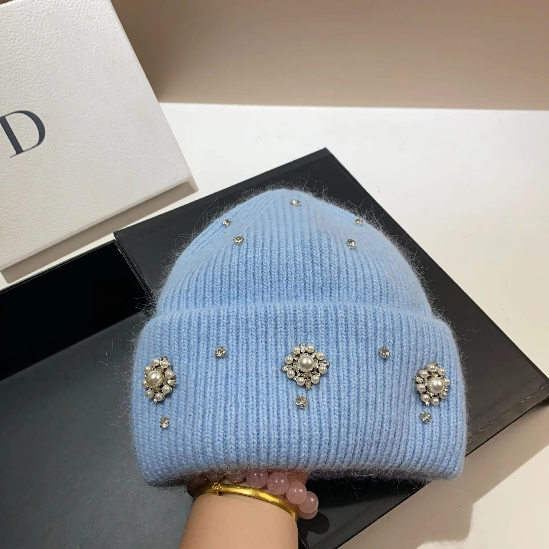 Designer Brand Rhinestones Winter Knitted Hat Women Warm Wool Skullies Beanies Real Rabbit Fur Knit Bonnet Outdoor Skiing Cap light blue