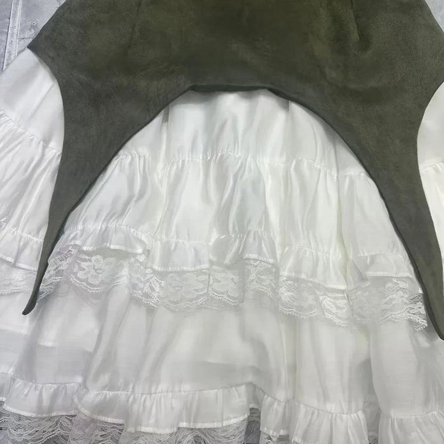 TWOTWINSTYLE Colorblock Slimming Temperament Dresses for Women Square Neck Sleeveless Patchwork Ruffles Fold Dress Female New