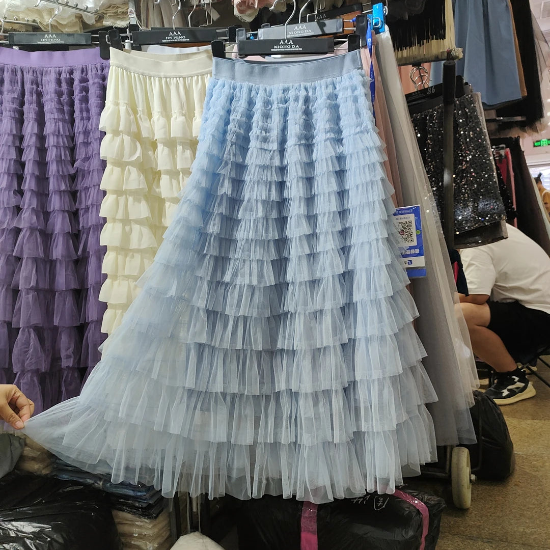Spring Summer Women High Waist Slim Long Skirt Lolita Style Sweet Multilayered Mesh Patchwork Cake Skirt light blue One Size