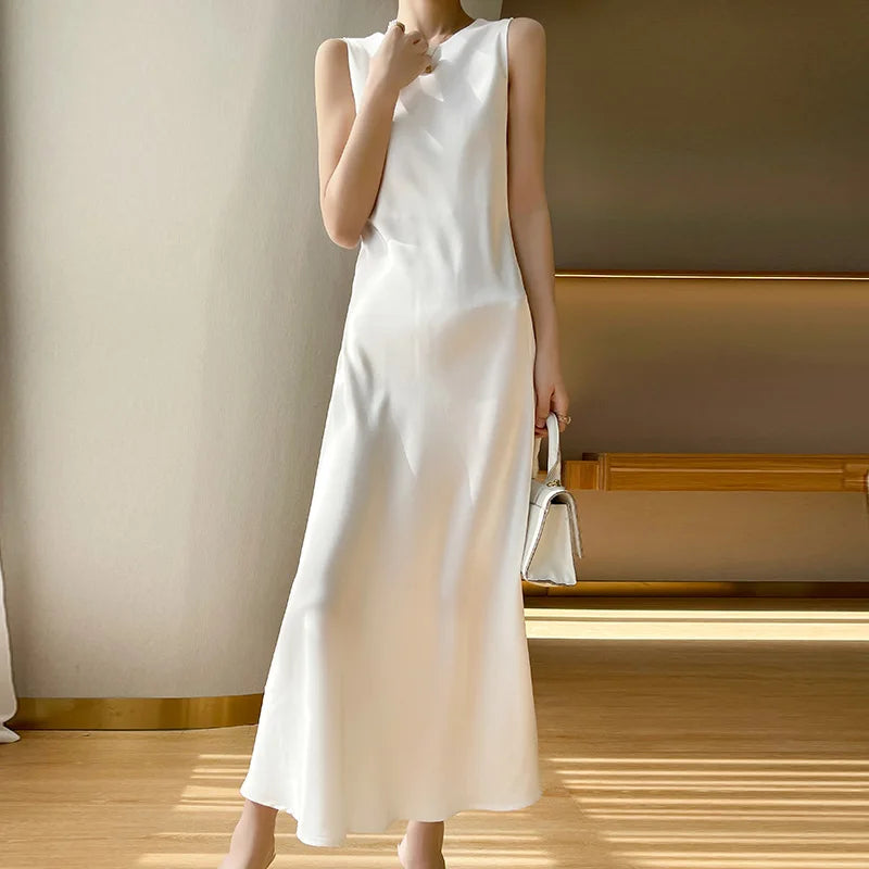 Light Luxury Acetate Satin Silk Sling Dress Female French Niche Slim Sexy V-neck Temperament Bottoming Dress WHITE