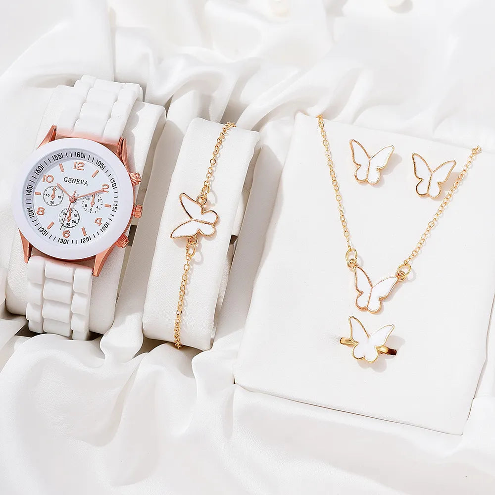 Luxury Watch Women Necklace Earrings Bracelet Set Watches Butterfly Silicone Strap Ladies Quartz WristWatch No Box