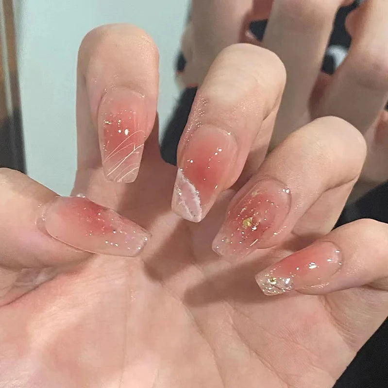 24Pcs Mid-length Ballet False Nails Press on Pink Gradient Shiny Powder Fake Nail Flower Rhinestone Reusable Full Cover Nail Tip