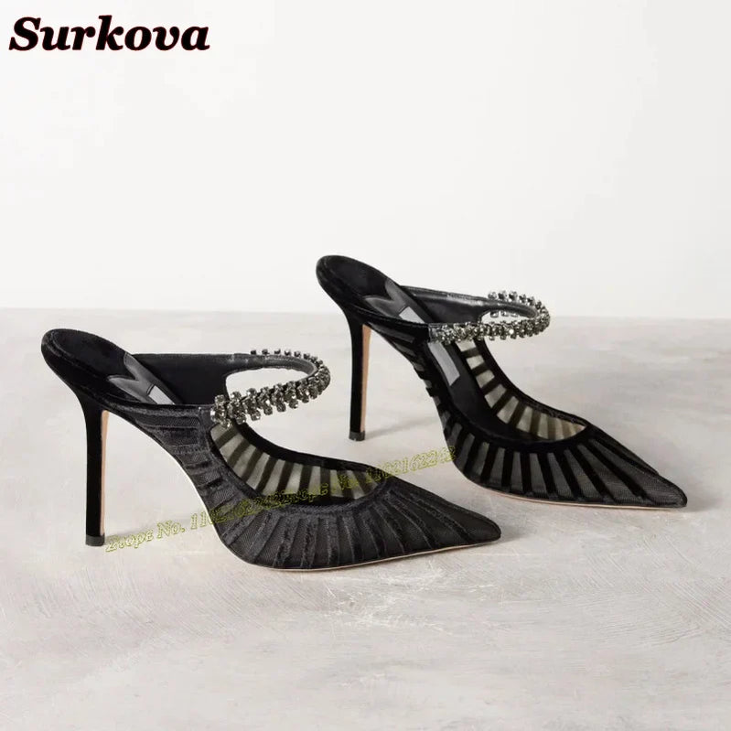 New Summer Breathable High Heels Fashionable Outdoor Wear Pointed Stiletto Slippers Versatile Hollow Dress Women'S Shoes 43