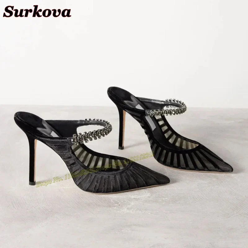 New Summer Breathable High Heels Fashionable Outdoor Wear Pointed Stiletto Slippers Versatile Hollow Dress Women'S Shoes 43