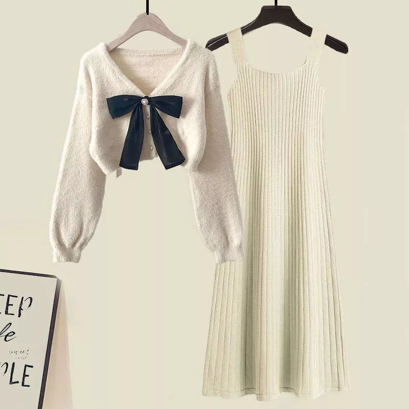 Large Size Fall Winter Two Piece Sets Womens Outfit Knitted Sweater And Dress Two-piece Set 4XL Suit Apricot Two pieceSet