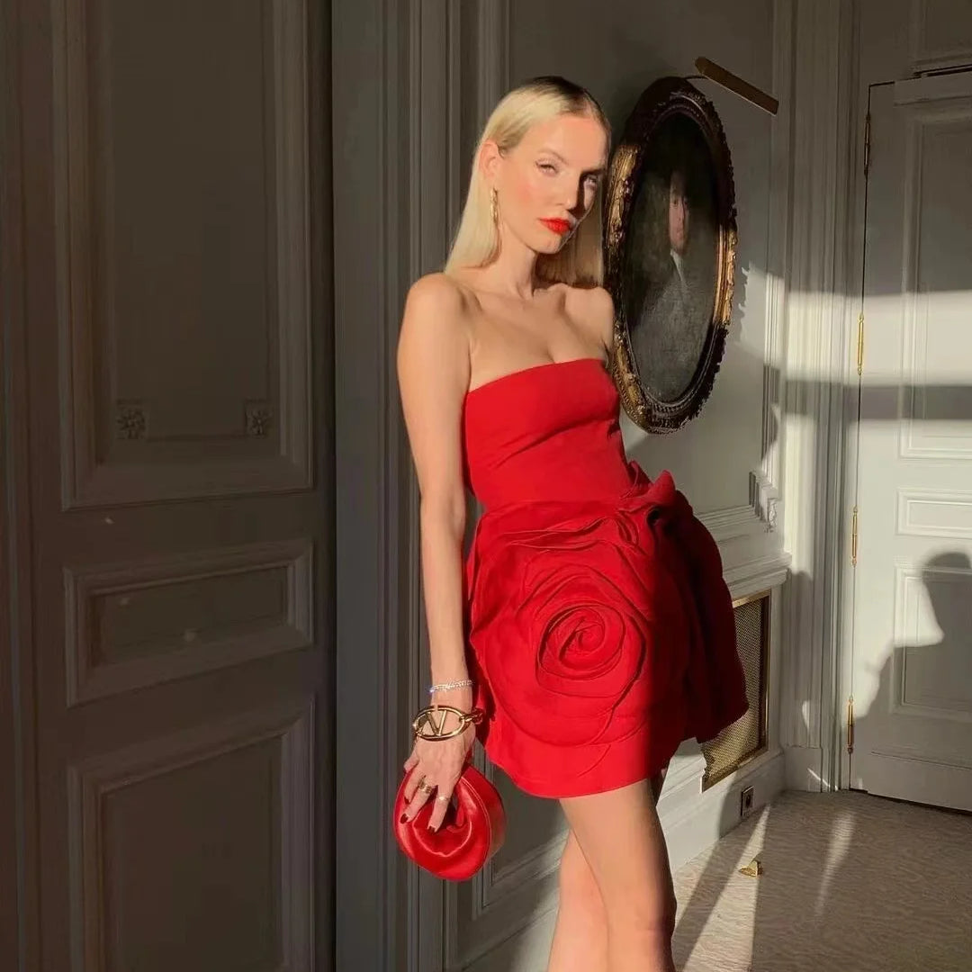 2024 Stereoscopic Flowers Strapless Red Bandage Mini Evening Dress Fashion Woman Birthday Party Dress Celebrity Party Outfit