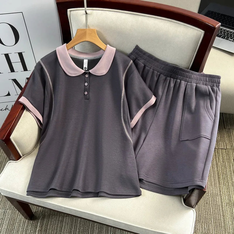Plus Size Women's Set Casual Color Blocking Short Sleeve Tops And Grey Shorts Two Piece 100KG Sports Suit Summer 2025
