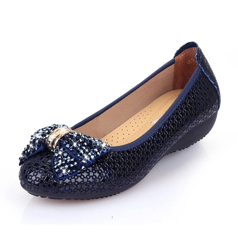 Large Women's Shoes 41-43 Mother's Shoes Soft Soled Real Leather Shoes Bow Single Shoes Scoop Shoes Rhinestone Boat Shoes Flat