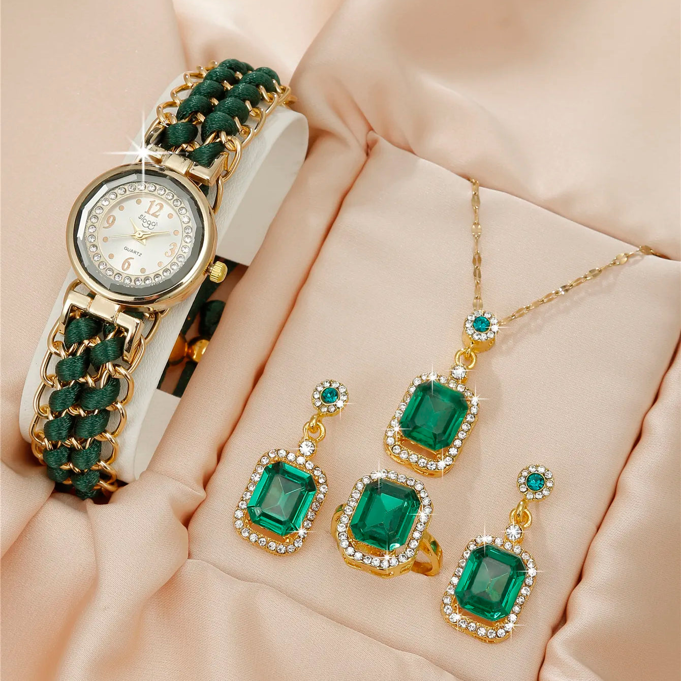 5PCS Women Knitting Rope Chain Winding Analog Quartz Movement Wrist Watch Fashionable Simple Style Quartz Wristwatch green