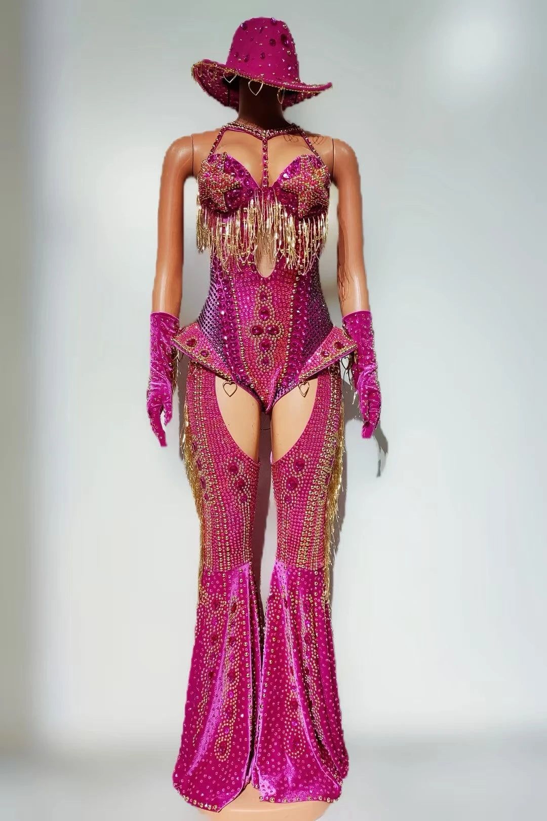 Sparkly Rhinestone Tassel Luxury Bodysuit 4Piece Set Cowboy Night Out Party Outfit Stage Show Jumpsuit Carnival Wear Hongding