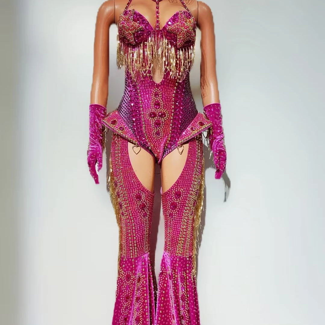 Women Sparkly Rhinestone Bodysuit 4Pieces Set Night Party Cowboy Show Outfit Cabaret Carnival Showgirl Sexy Jumpsuit Hongding