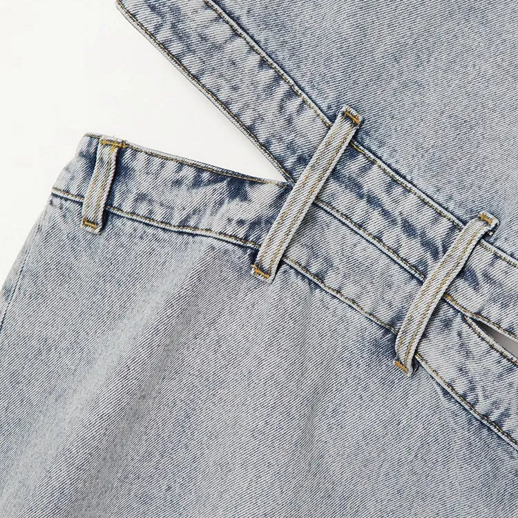 Spliced Zipper Hollow Out demin Jeans For Women High Waist Patchwork Pockets Wide Leg Jean Female Fashion Clothing