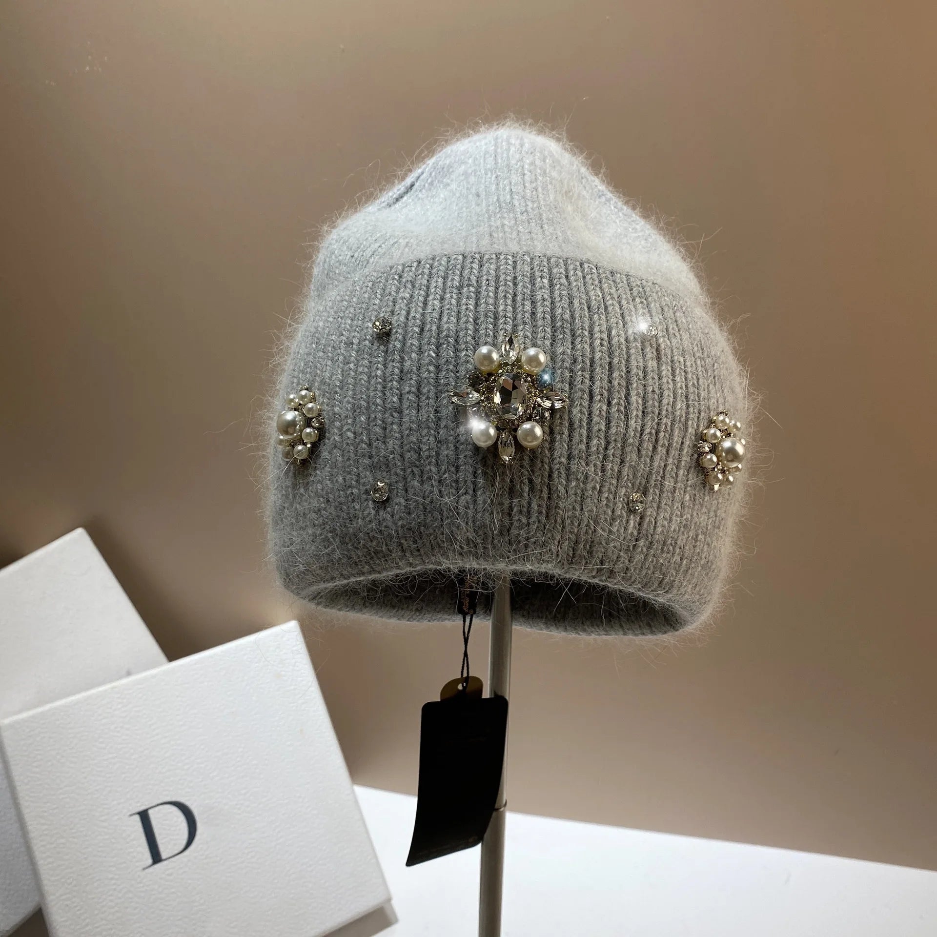 Real Rabbit Fur Winter Warm Knitted Hat Luxury Rhinestone Women's Wool Skullies Beanies Female Cold Hat Outdoor Skiing Cap Gray