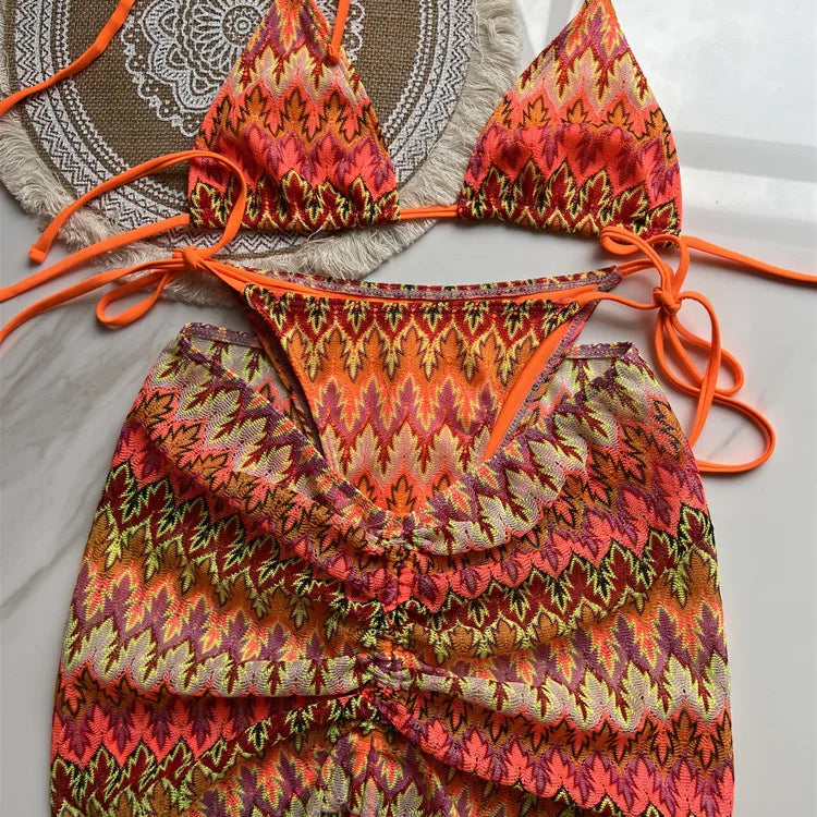 Women Swimsuit Colored Maple Leaves Knitted Bikini Skirt Three-Piece Set Split Swimsuit Bikini 3