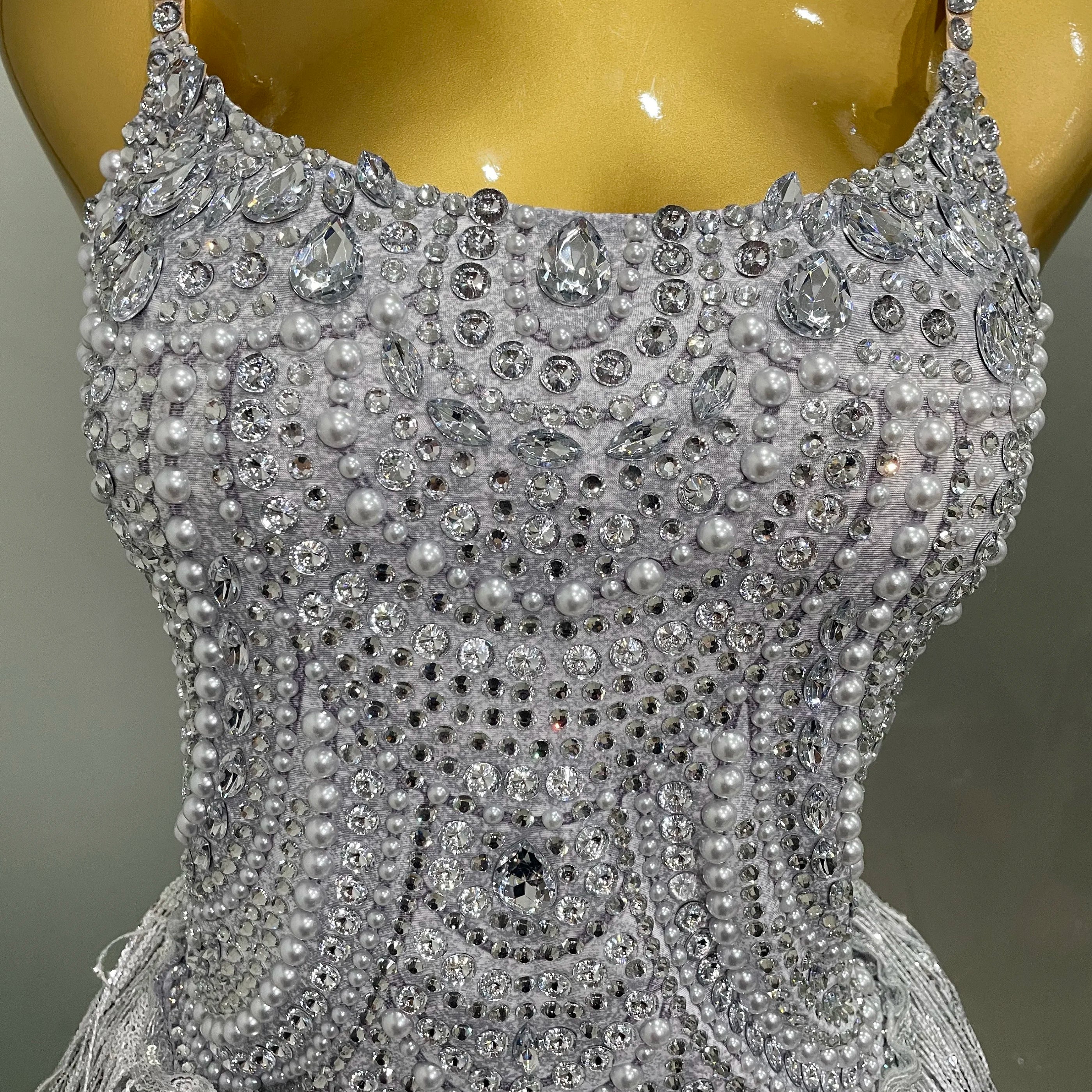 Sparkly Silver Rhinestones Pearl Tassels Bodysuit 2025 New Women Sexy Eveing Birthday Party Nightclub Stage Performance Costume