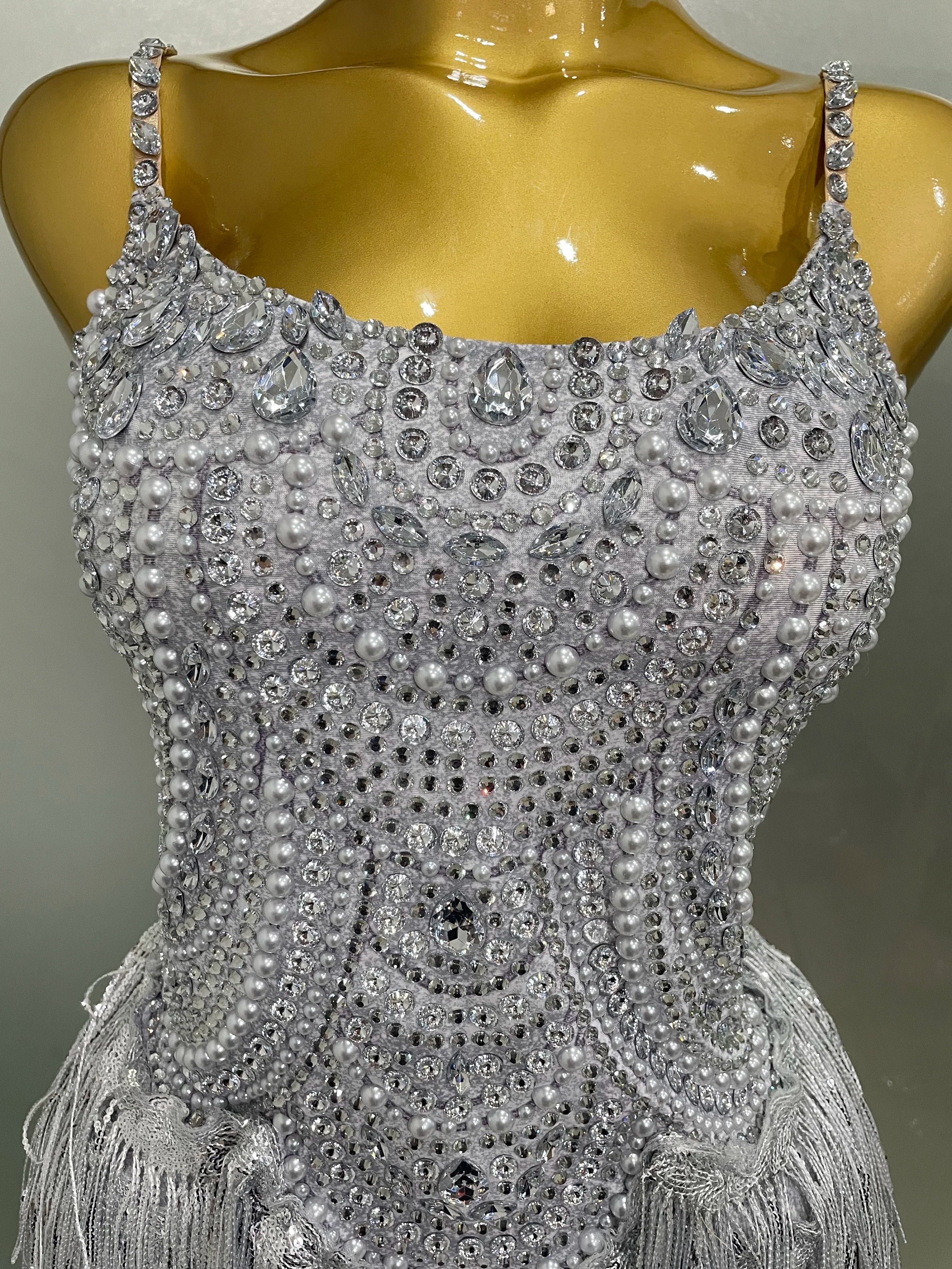 Sparkly Silver Rhinestones Pearl Tassels Bodysuit 2025 New Women Sexy Eveing Birthday Party Nightclub Stage Performance Costume