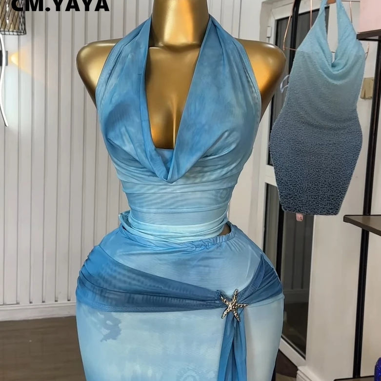 CM.YAYA Women Tie Dye Printed Halter Pile Neck Crop Top and Bodycon Midi Maxi Long Skirt Suit 2025 Summer Two 2Piece Set Outfits