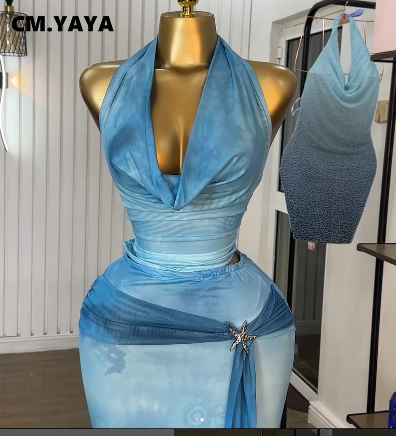 CM.YAYA Women Tie Dye Printed Halter Pile Neck Crop Top and Bodycon Midi Maxi Long Skirt Suit 2025 Summer Two 2Piece Set Outfits
