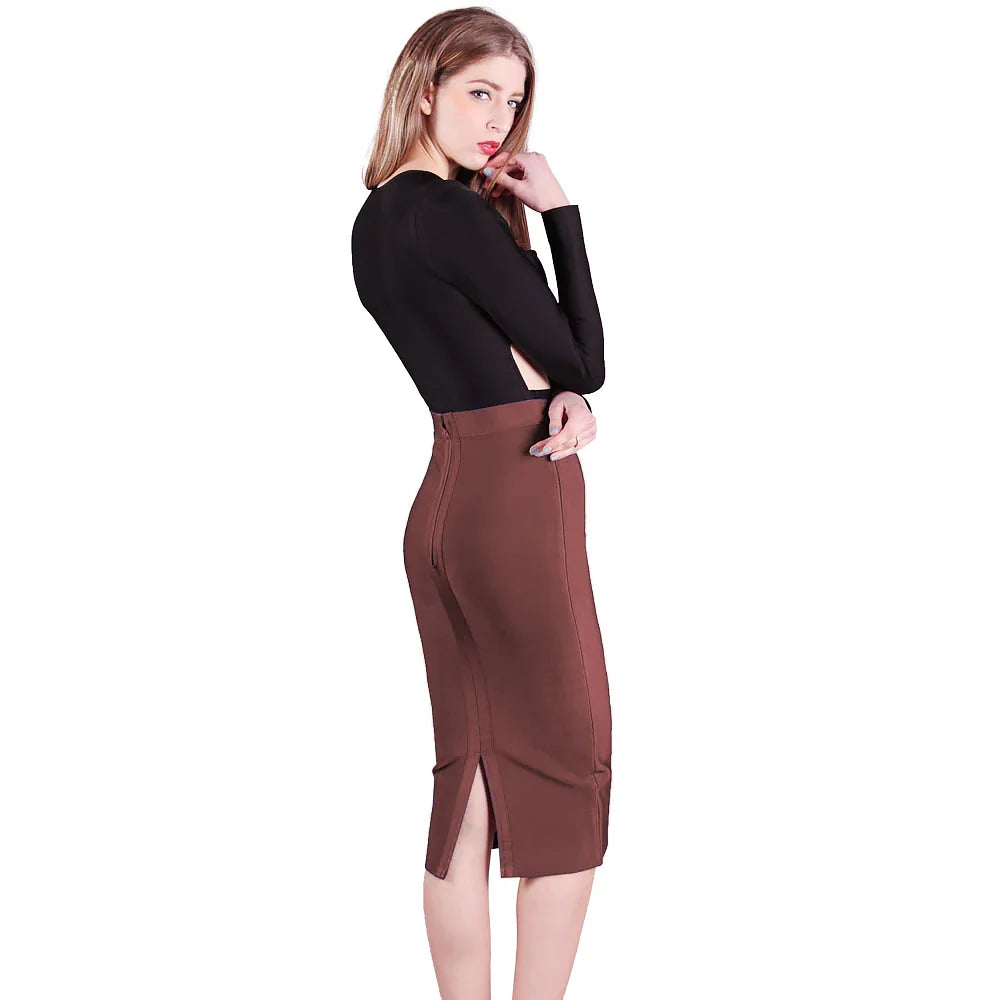 HQBORY Sexy Quality Nude Beige Bandage Skirts Midi 2023 Women Summer Red Split Party Skirt Bodycon High Waist Office Lady Skirt Brown