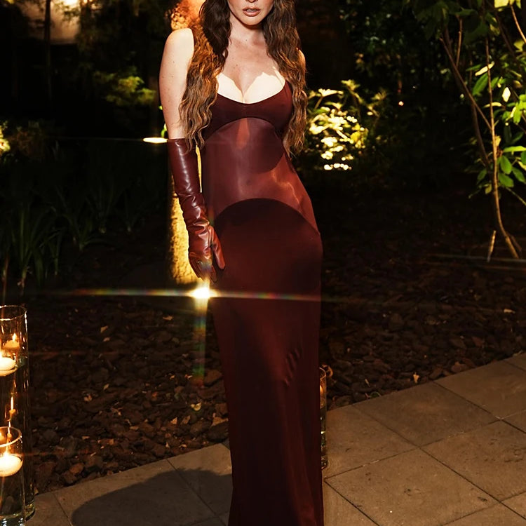 VC Burgendy See Through Mesh Patchwork Long Dress 2025 Summer Backless Skinny Tight Maxi Bodycon Cocktail Party Wear Vestidos