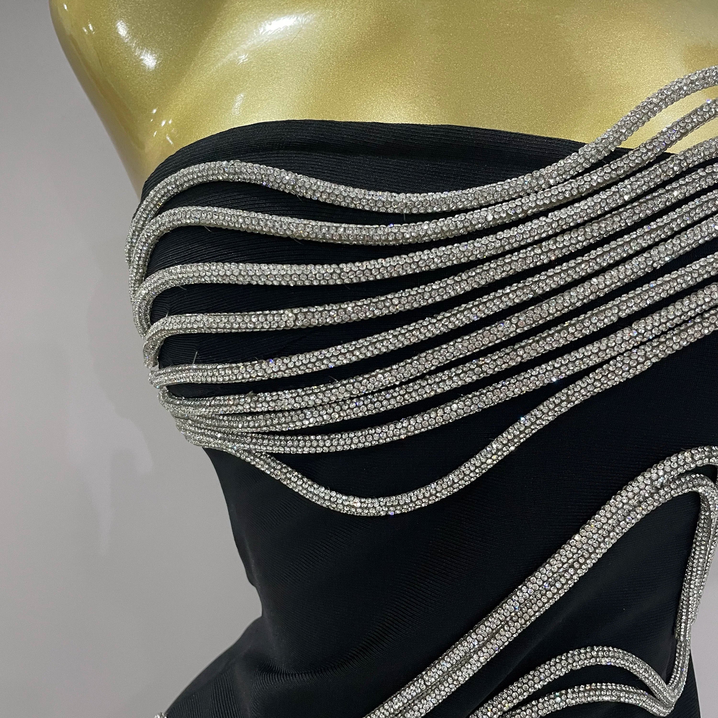 Sexy Strapless Diamond Lines Bodycon Bandage Long Dress 2025 Women Celebrity Red Carpet Elegant Evening Birthday Party Dresses