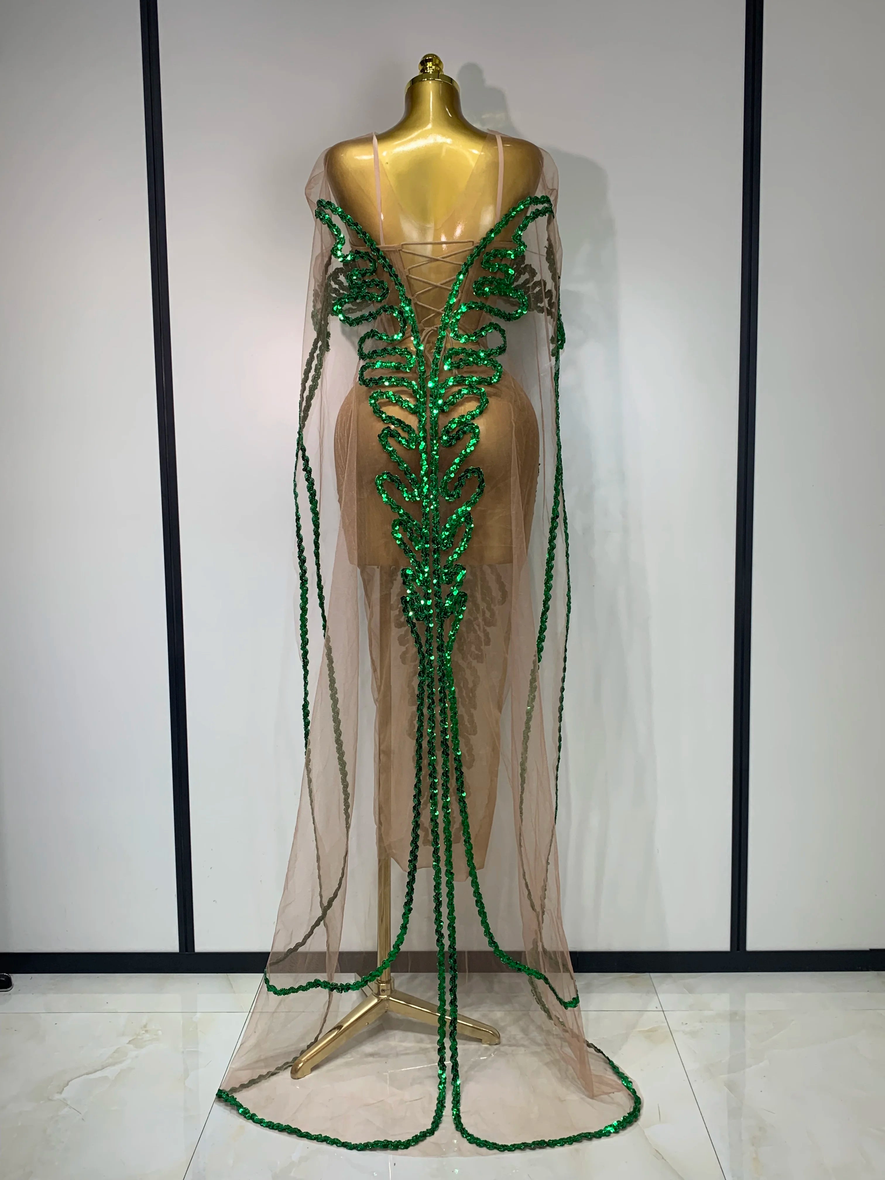 Sexy Mesh See Through Long Dress Sparkly Green Sequins Night Club Party Dress Cloak Birthday Celebrate Drag Queen Stage Costumes