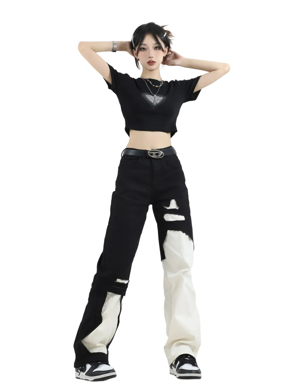 Contrast Color Ripped Jeans Pant for Women Autumn New Loose Straight Wide Leg Demin Pants Jeans Y2k Women Pants High Waist Black