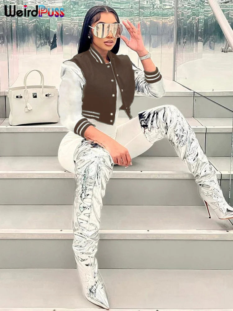 Weird Puss Fluffy Letter Short Jacket Varsity Women Hipster Leather Sleeve Patchwork Y2K Baseball Casual Wild Streetcoat Outwear KF