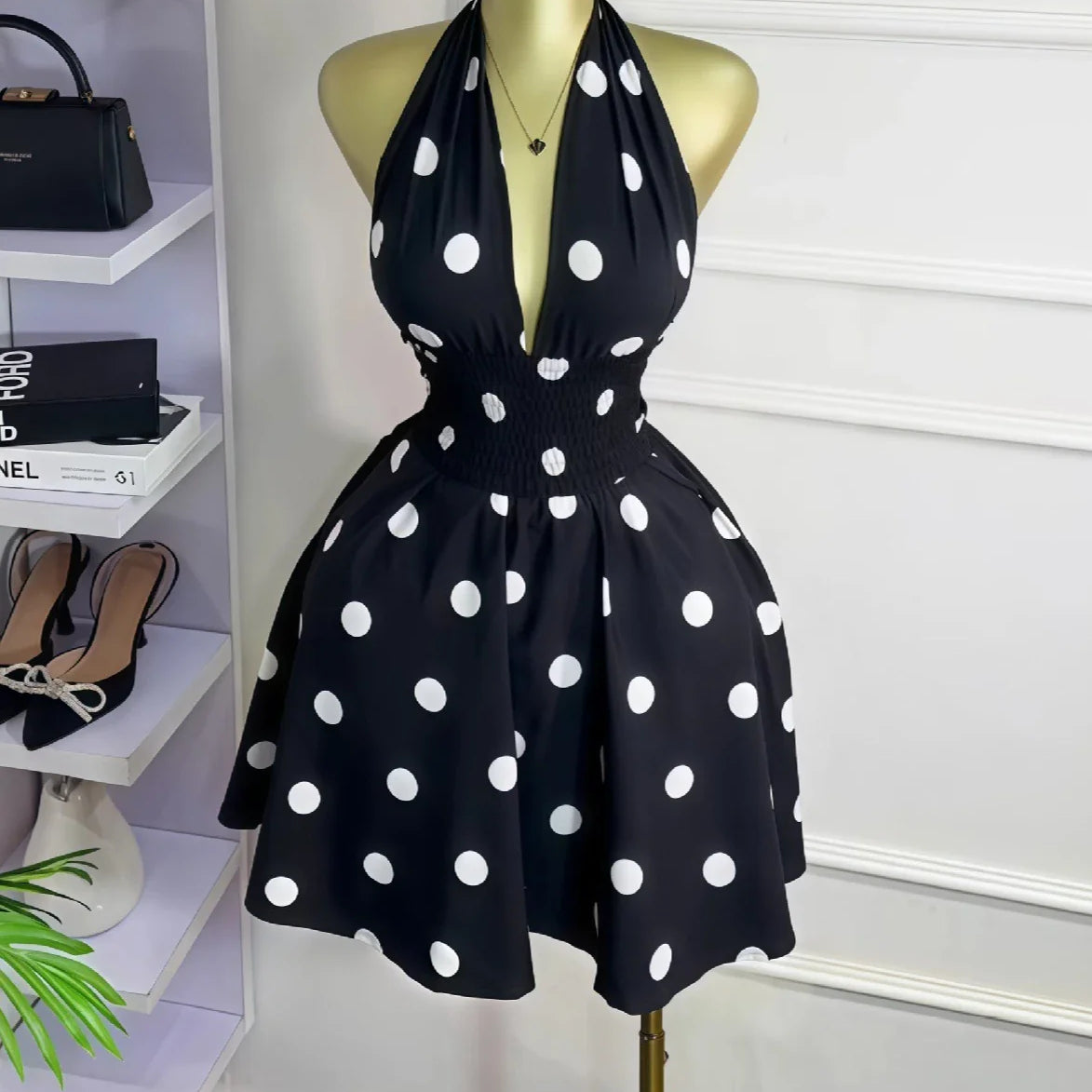 CM.YAYA Women Dot Printed Sleeveless Halter V-neck Big Swing A-line Mini Dress 2025 Summer Vacation Sexy Party Evening Dresses