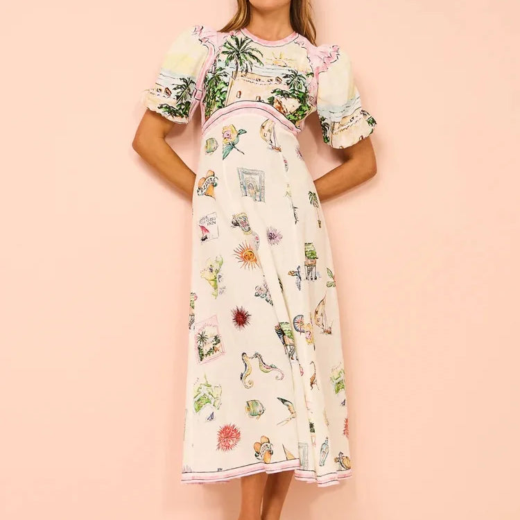 Women Casual Print Empire Waist Long Dress Short Sleeve Comfortable Loose Vintage Robe Party Club Vestidos Spring NEW print