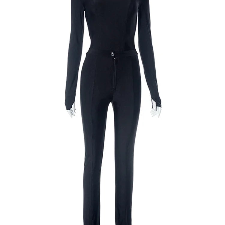 Simenual High Street Black Outfits Women Rave Slim Co-ord Suits Long Sleeve Pullovers Tees High Waist Zip Pants 90s 2 Piece Sets