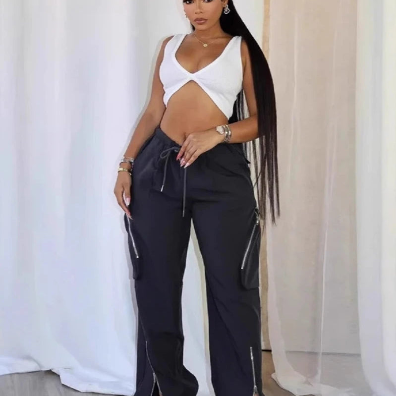 CM.YAYA Women Fashion Zipper Pocket Side Zip Fly Split Hem Wide Leg Safari Style Pants 2025 Drawstring Summer Cargo Trousers