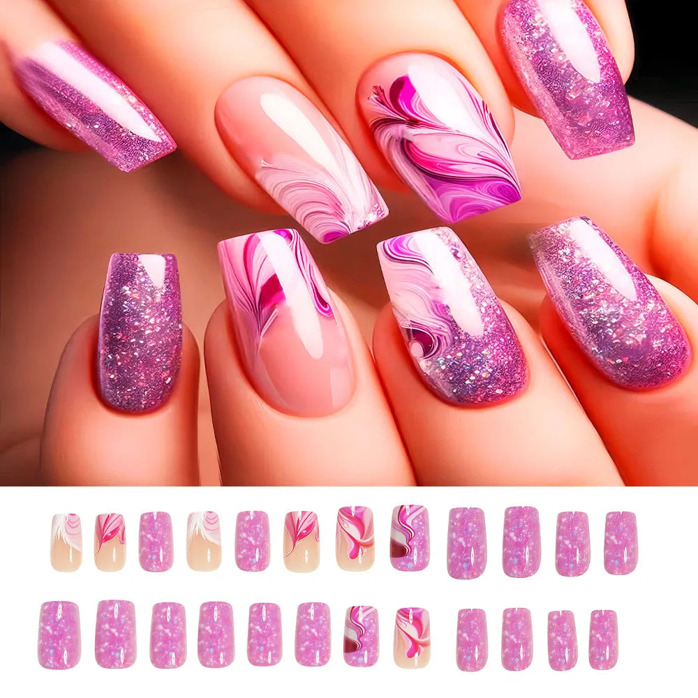 24pcs/set Short Medium fake nails for women girls gradient shiny glitters heart french Square almond tips Press on false nail